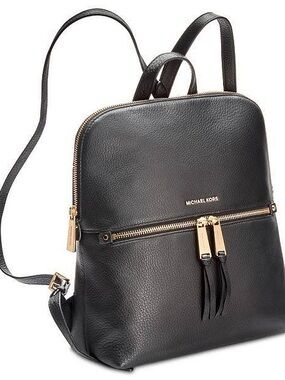 Michael Kors Black Pebbled Leather Backpack with Gold Accents